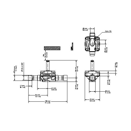 Danfoss 032L1240 Solenoid Valve Normally Closed 7/8” Solder ODF EVR 20 Dimensions