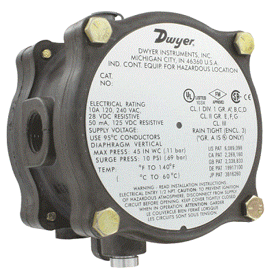 Dwyer 1950G-00-B-24-NA Explosion-Proof Differential Pressure Switch 0.07" to 0.15" W.C. 24VDC Non-Atex